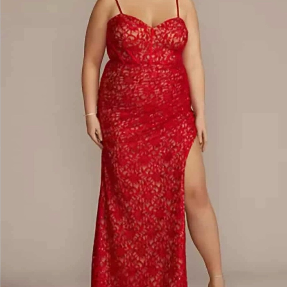David's Bridal Red Lace Prom Dress